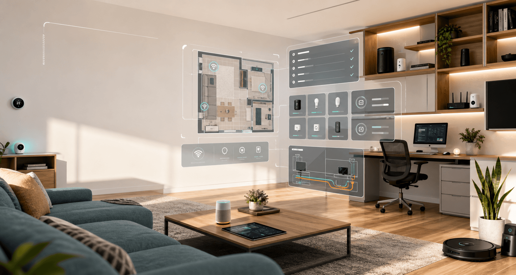 Modern room with AI planning interface overlays for a home setup